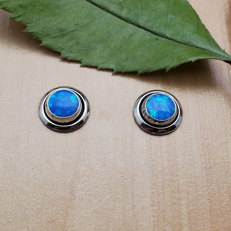 Sterling Silver Posts Blue Opal Stud Earrings SoCute925 Small Dark Blue Opal Studs Blue Opal Post Earrings Small Concho Earrings