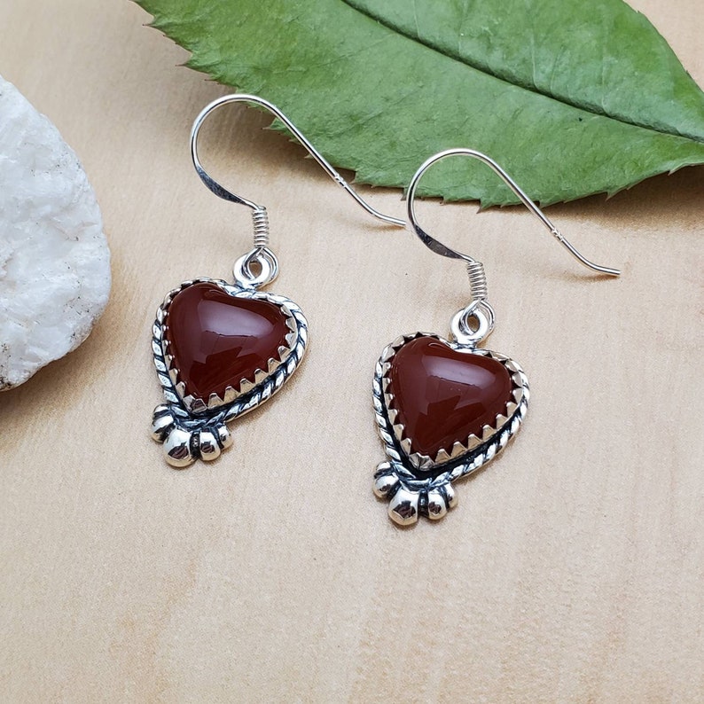 SoCute925 Dainty Heart Earrings Carnelian Dangle Earrings Sterling Silver Carnelian Earrings Heart Shape Carnelian Southwestern Jewelry