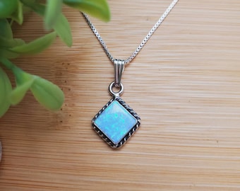 Simple 8x8mm Square Blue Opal Necklace Pendant With Silver Chain | Fire Sterling Silver Fire Blue Opal Necklace | Blue Opal Square Necklace