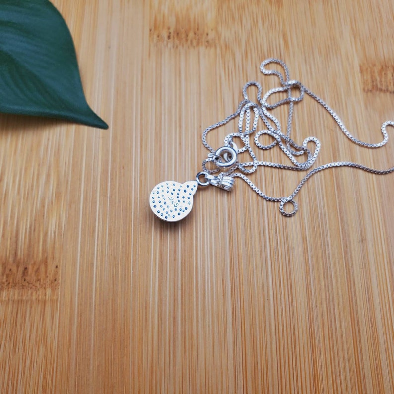 Pu&ograve; includere: Una collana d'argento con un ciondolo rotondo con un designo blu e bianco. Il ciondolo &egrave; incastonato con piccole pietre trasparenti.