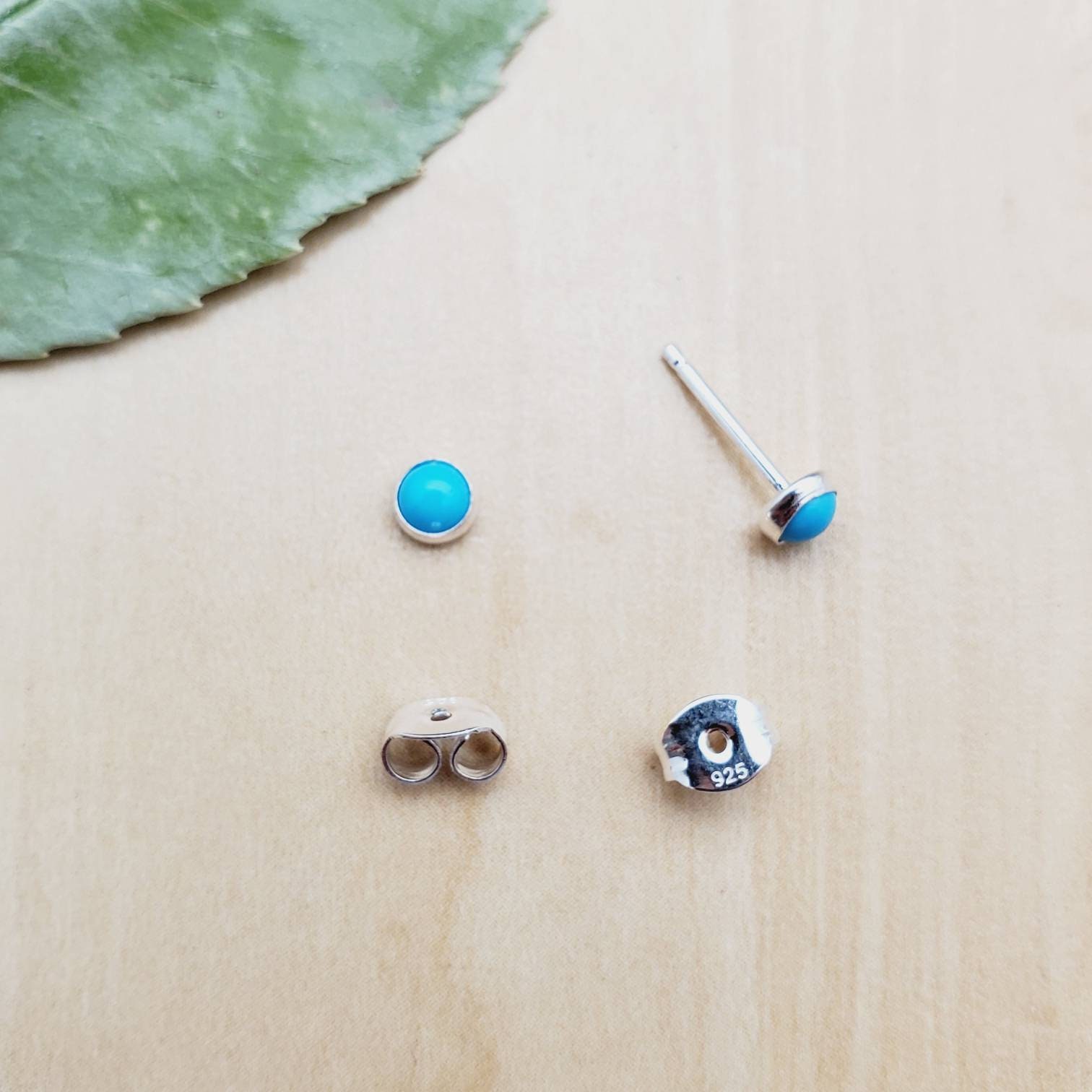 925 Sterling Silver Turquoise Dot Stud Earrings – 4mm Round Bezel Set