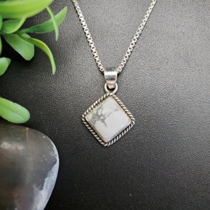 STN #228 | 10mm Square White Buffalo Turquoise Necklace Pendant With Options of Silver Chain | 925 Silver White Turquoise Pendant Necklace