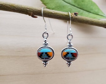 Small Multicolor Dangle Earrings | Small Southwest Earrings | Sterling Silver Multicolor Inlay Dangle Earrings | Southwestern Jewelry