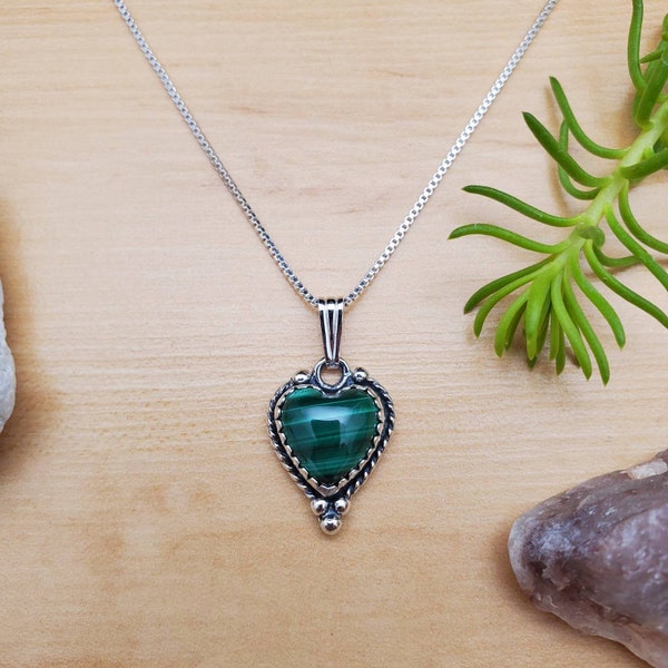 SoCute925 Green Malachite Necklace Pendant With Silver Box Chain | Sterling Silver Malachite Necklace | Malachite Heart Necklace Made in USA