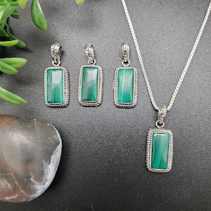 STN #58 | 7x14mm Rectangle Malachite Necklace Pendant With Silver Chain | Sterling Silver Malachite Necklace | Green Malachite Pendant