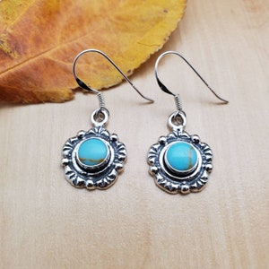 SoCute925 Small Turquoise Dangle Earrings | Kingman Turquoise Earrings | Sterling Silver Concho Flower Earrings | Dainty Earring Made in USA