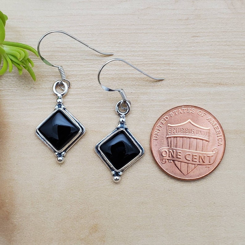 SoCute925 Square Black Dangle Earrings Sterling Silver Dangle Earrings Black Onyx Jewelry Dainty Black Earrings Silver Black Earrings