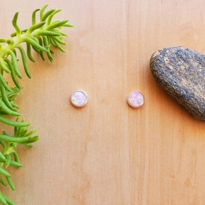 SoCute925 5mm Dainty Pink Opal Post Earrings | Sterling Silver Studs | Tiny Pink Opal Stud Earrings | Small Pink Opal Jewelry Made in USA