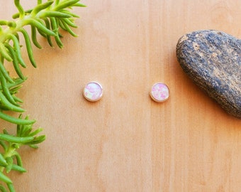 SoCute925 5mm Dainty Pink Opal Post Earrings | Sterling Silver Studs | Tiny Pink Opal Stud Earrings | Small Pink Opal Jewelry Made in USA