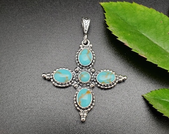 SoCute925 Large Kingman Turquoise Necklace Pendant | Sterling Silver Turquoise Pendant |  Zia Turquoise Pendant | Zia Jewelry Made in USA