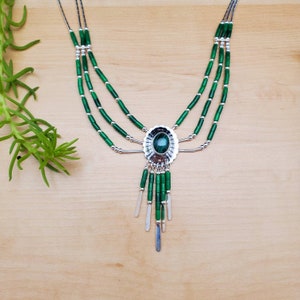 SoCute925 Three Strands Liquid Silver Pendant Necklace 18&quot; long | Big Green Malachite Necklace | Multi Strand Malachite Southwest Necklace
