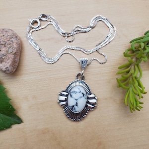 SoCute925 Big White Buffalo Turquoise Necklace Pendant With Box Chain Necklace 18&quot; | Sterling Silver White Turquoise Necklace Made in USA