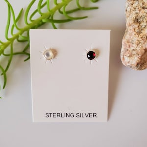 SoCute925 Red Garnet - White Mother of Pearl Stud | Tiny Gemstone Earrings | Cartilage Earring | Sterling Silver Post Earrings | Made in USA