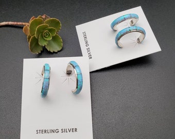 Dainty Blue Opal Inlay Hoop Earrings | Sterling Silver Opal Inlay Hoop Earrings | Opal Post Earrings | Gifts Ideas | Blue Inlay Hoop Earring