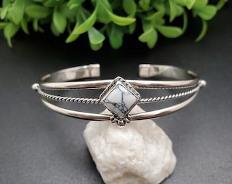 Cuff #06 | White Buffalo Stone Square Cuff | Sterling Silver Cuff | Dainty Heart Cuff With White Buffalo Stone | Silver Cuff | Gift For Her