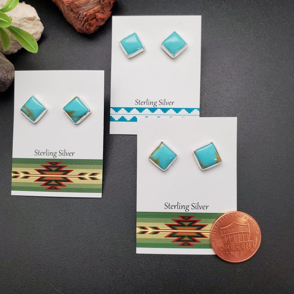 SoCute925 8mm Square Turquoise Studs | Sterling Silver Kingman Turquoise Earring Studs | Turquoise Square Studs | Dainty Earring Made in USA