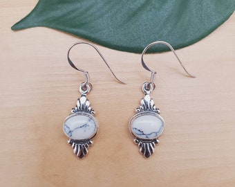 SoCute925 White Buffalo Turquoise Dangle Earrings in Oval Shape | Sterling Silver Turquoise Earrings | Boho Earrings For Her | Made in USA