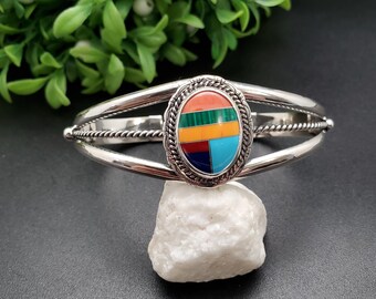 STN #C213 | Multicolor Inlay Cuff Bracelet | Sterling Silver Inlay Bracelet Cuff | Big Bright Multicolor Southwest Bracelet | Gift For Her