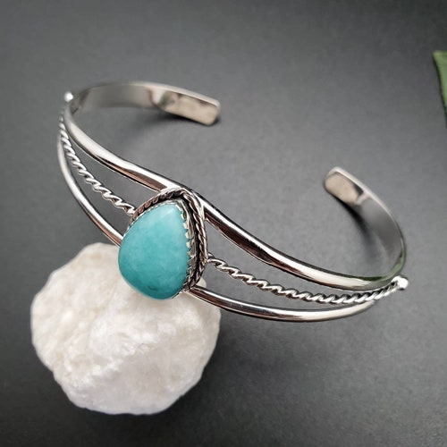 Dainty Green Amazonite Cuff Bracelet | Sterling SilverTeardrop Cuff Bracelet | Healing shops Amazonite Cuff | Southwest Bracelet Made in USA