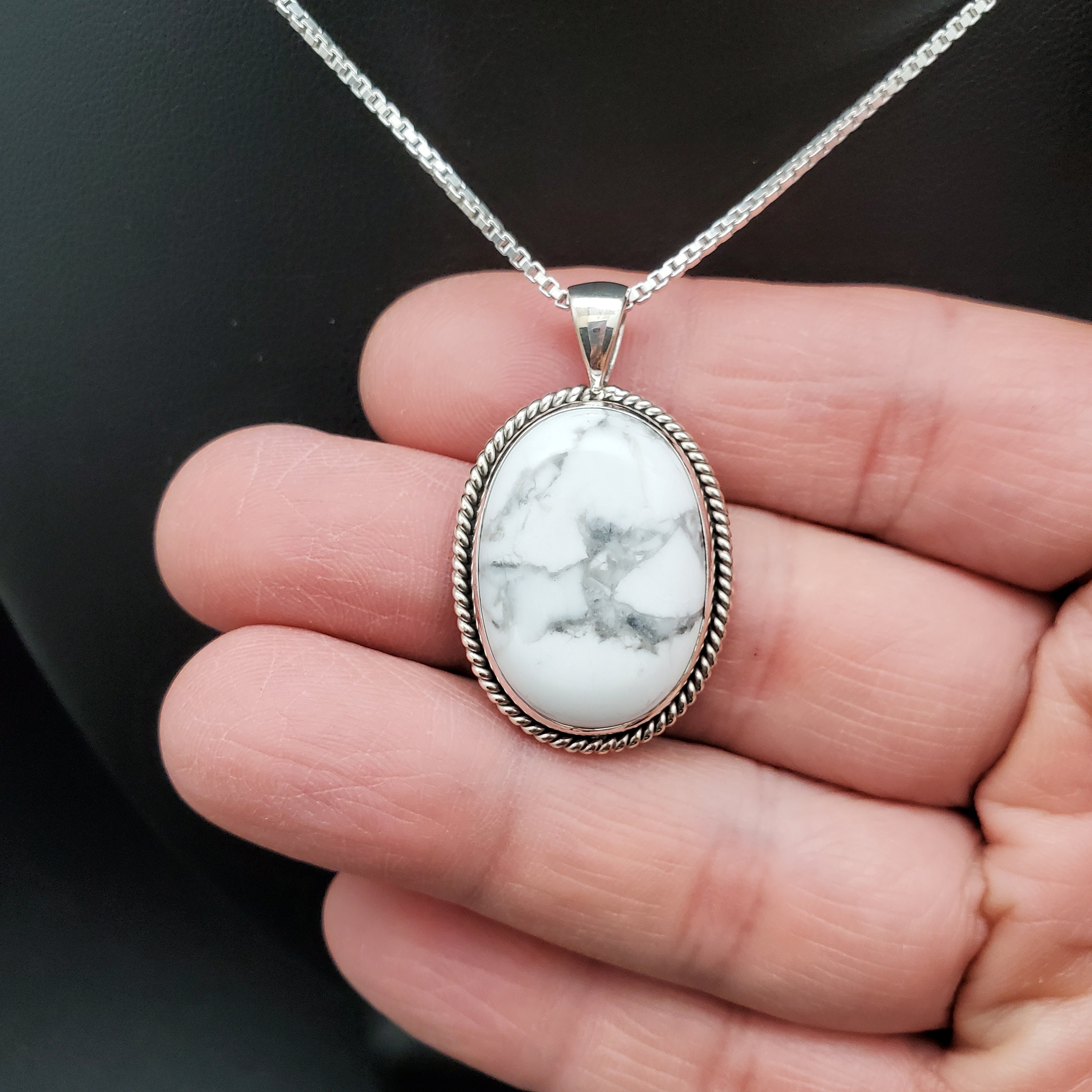 STN #73 | Oval White Buffalo Stone Necklace Pendant With Silver 