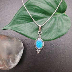 Dainty Blue Opal Necklace Pendant With Silver Chain Necklace | Sterling Silver Dark Blue Opal Necklace | Fire Blue Opal Southwestern Jewelry