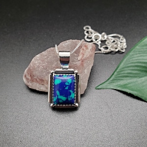 SoCute925 Rectangle Azurite Malachite Necklace Pendant With Silver Box Chain Necklace 18 Inches | Sterling Silver Boho Southwestern Necklace