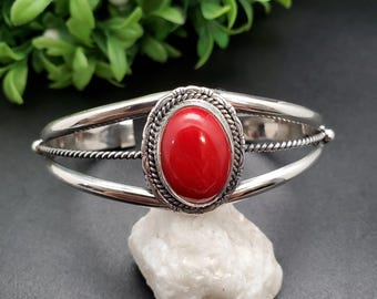 STN #C231 | Sierlijke roodkoraal manchetarmband | Sterlingzilveren manchetarmband | Bamboe koraalrode manchet | Southwest-armband | Cadeau voor haar