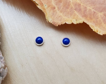 May include: A pair of silver stud earrings with small, round, blue lapis lazuli stones.
