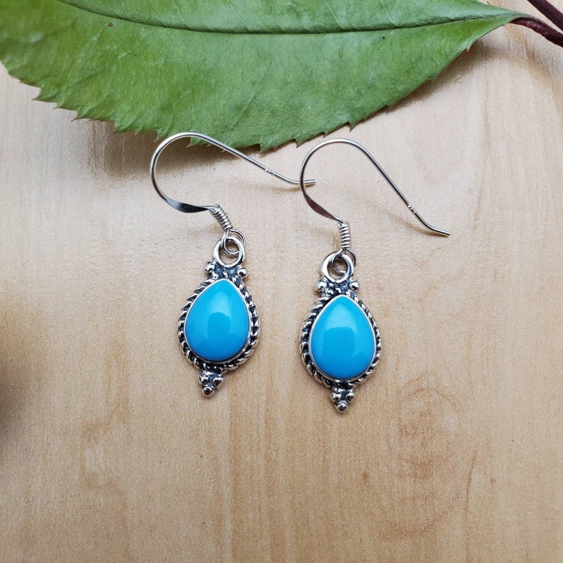 SoCute925 Blue Turquoise Teardrop Earrings Blue Turquoise Dangle Earrings Sterling Silver image 1