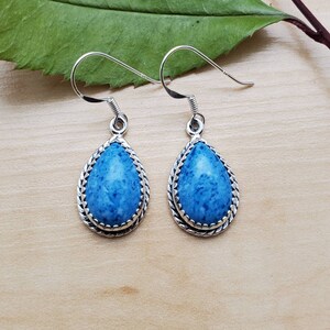 May include: A pair of silver teardrop earrings with blue gemstone accents. The earrings have a delicate, intricate design.