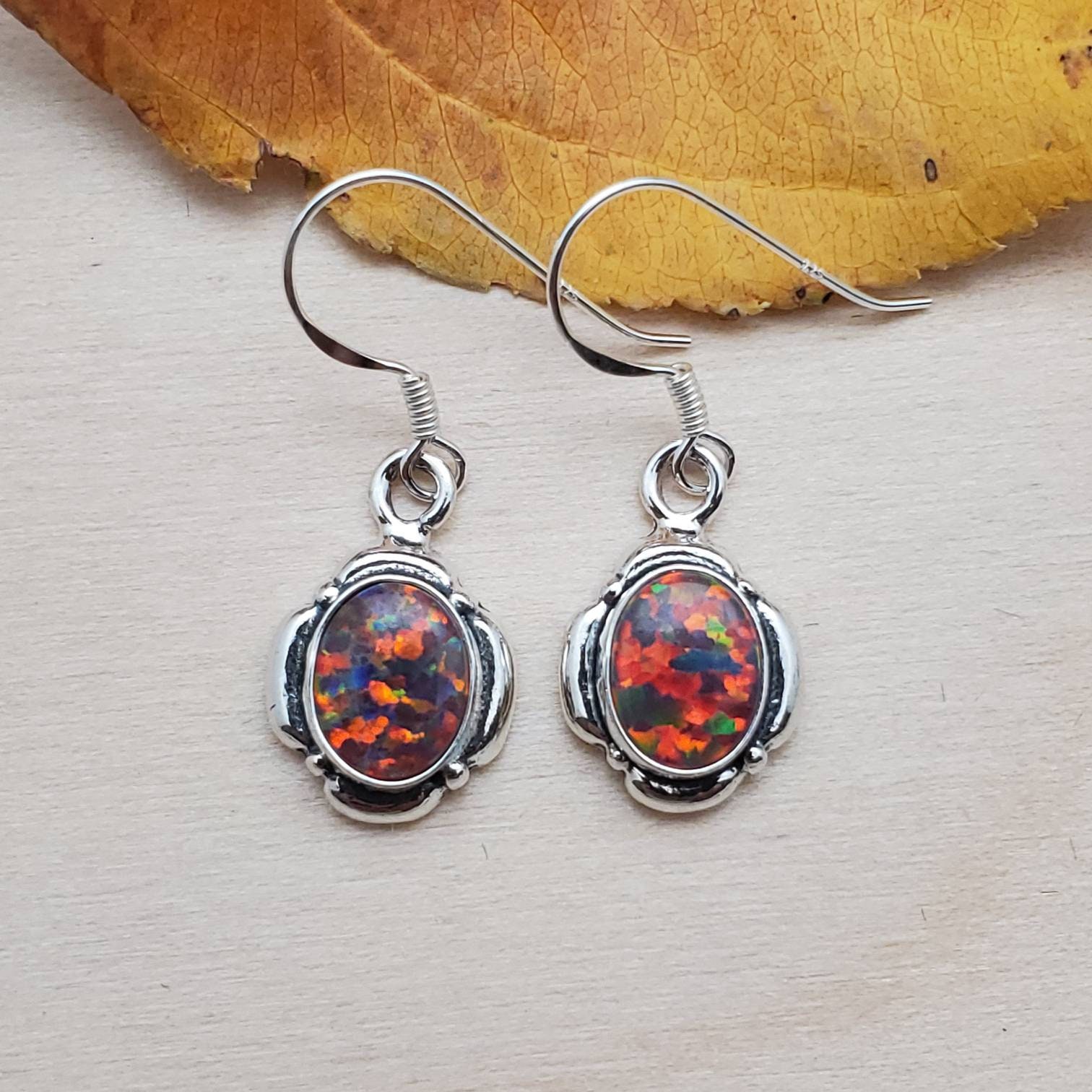 SoCute925 Fire Red Opal Dangle Earrings Small Red Opal Earrings Sterling Silver Dangle Earrings Opal Southwestern Earrings Made in USA