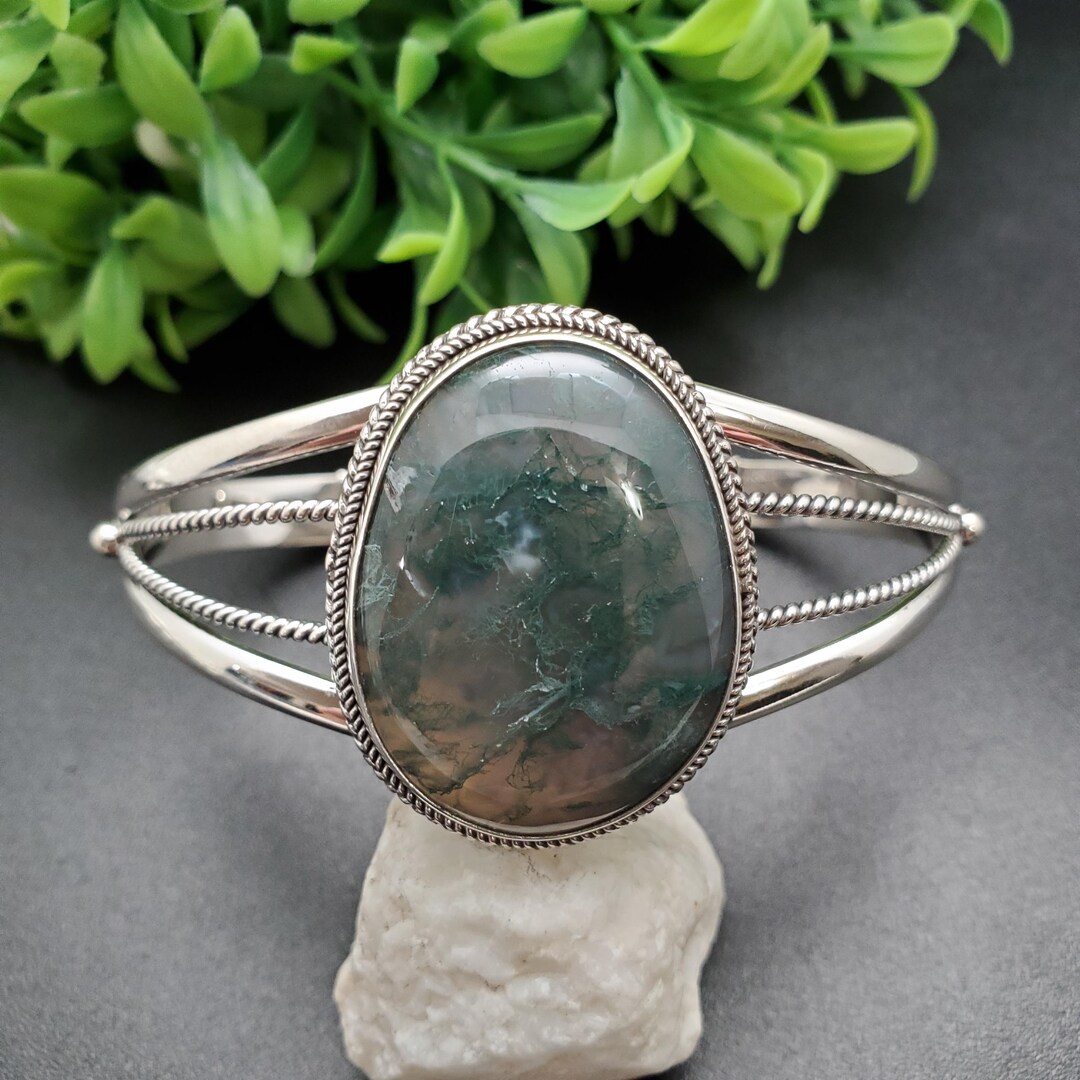 STN #C359 | グリーンモスアゲートブレスレットカフ | スターリング