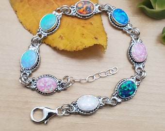SoCute925 Colorful Opal Bracelet | Sterling Silver Opal Bracelet Link | Multicolor Bracelet | Silver Opal Bracelet | Dainty Link Bracelet