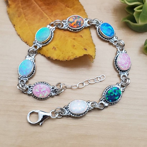Bracelet opale colore SoCute925 Lien bracelet Sterling Silver Opal Bracelet multicolore Bracelet Opale argent Dainty Link Bracelet Etsy France