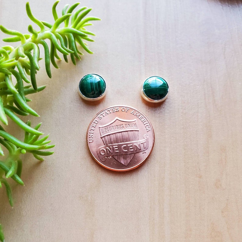 SoCute925 8mm Malachite Studs Simple Sterling Silver Malachite Post Earrings Dainty Silver Stud Earrings Malachite Jewelry Made in USA image 3