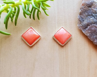 SoCute925 8mm Square Pink Coral Post Earrings | Coral Square Studs | Sterling Silver Coral Jewelry | Square Pink Coral Posts | Made in USA