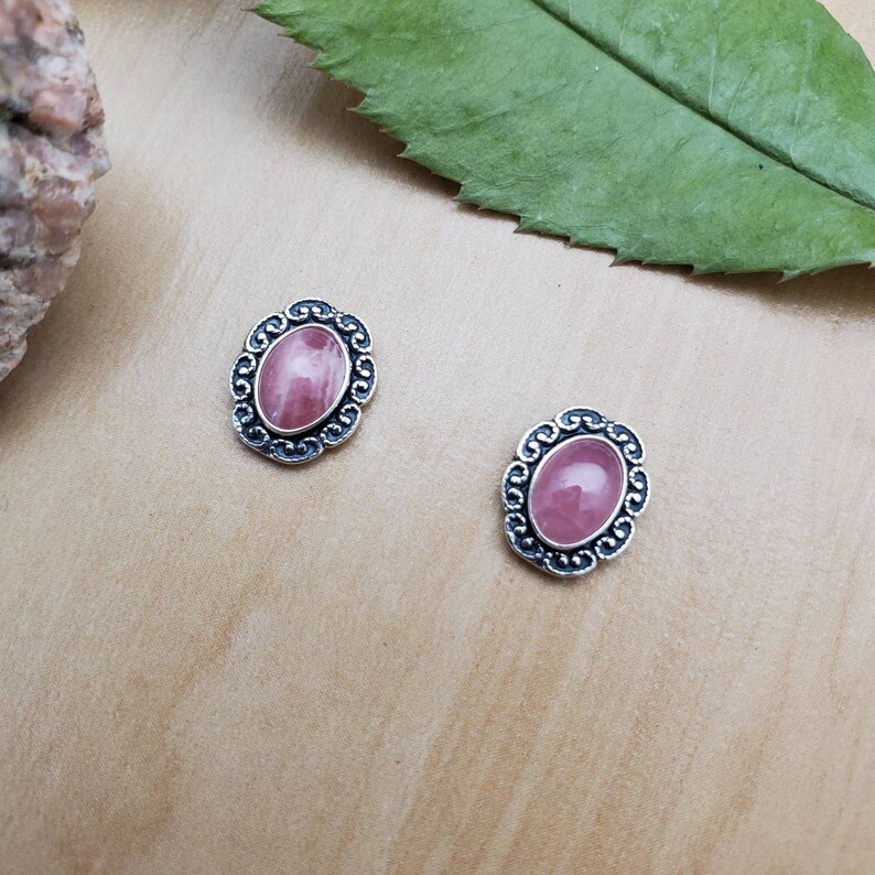 Small Pink Rhodochrosite Stud Earrings Small Pink Stone Stud Earrings Made in USA SoCute925 Tiny Oval Pink Rhodochrosite Post Earrings