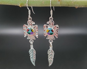 SoCute925 Thunderbird Earrings | Sterling Silver Thunderbird Dangle Earrings with Feather | Inlay Multicolor Diamondcut Jewelry Made in USA