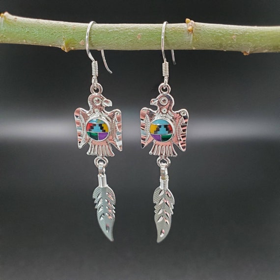Feather Stud Earrings with Turquoise Inlay Sterling Silver - Made in the USA Feather Stud Earrings with Turquoise Inlay Sterling Silver - Made in the USA