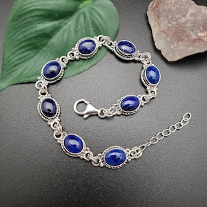 SoCute925 Blue Lapis Lazuli Bracelet | Oval Shape Sterling Silver Lapis Link Bracelet | Links | Minimalist Bracelet | Boho | Made in USA