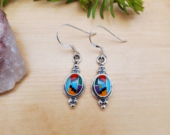 SoCute925 Colorful Inlay Dangle Earrings | Multicolor Earrings | Dainty Southwestern Earrings | Sterling Silver Dangle Earrings Made in USA