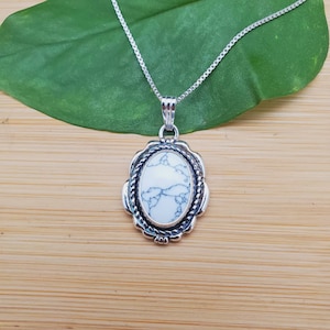 SoCute925 Big White Buffalo Turquoise Necklace Pendant With Silver Box Chain 18&quot; | Sterling Silver White Turquoise Necklace | Made in USA