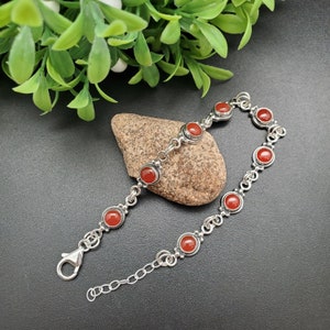 Dainty Carnelian Bracelet 7 1/2 in with 1 in Chain Extension | Sterling Silver Carnelian Bracelet | Boho Carnelian Crystal Bracelet Links