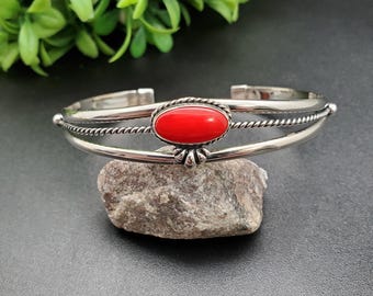KK-196 | スターリングシルバー レッドコーラル ブレスレット カフ