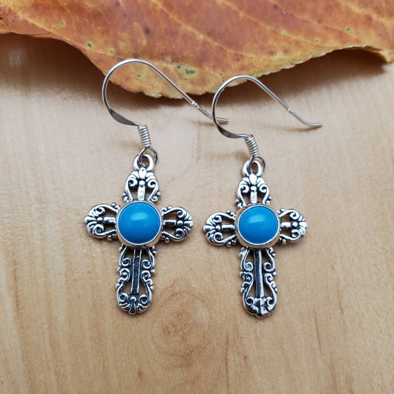 Sterling Silver Turquoise Cross Dangle Earrings Sterling Silver Turquoise Cross Dangle Earrings