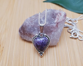 SoCute925 Dainty Heart Charoite Necklace Pendant With Silver Box Chain Necklace 18 Inches | Sterling Silver Charoite Necklace | Made in USA