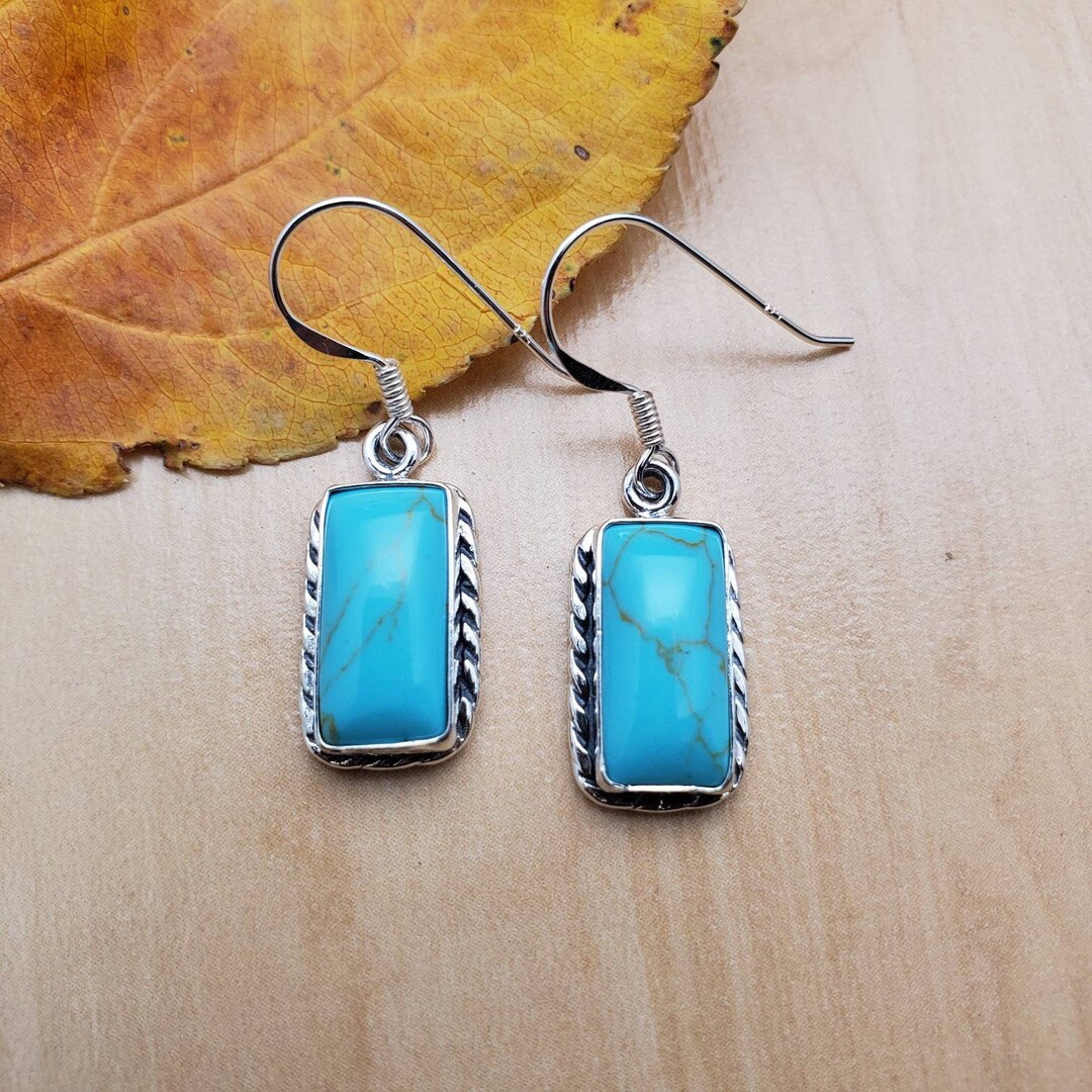 Socute925 Dainty Dangle Earrings Small Rectangle Turquoise Dangle Earrings Sterling Silver