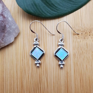 SoCute925 Small Blue Opal Dangle Earrings | Blue Opal Square Earrings | Sterling Silver Earrings | Dainty Blue Opal Earrings | Boho Earrings