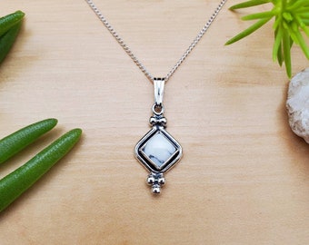 SoCute925 Small Dainty White Turquoise Necklace Pendant With Silver Chain Necklace 18" | Sterling Silver White Buffalo Turquoise Necklace