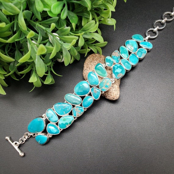 IGM#B02 | Big Cluster Turquoise Bracelet 7 to 8 inches | Sterling Silver Blue Turquoise Southwest Bracelet | Big Clustered Turquoise Jewelry